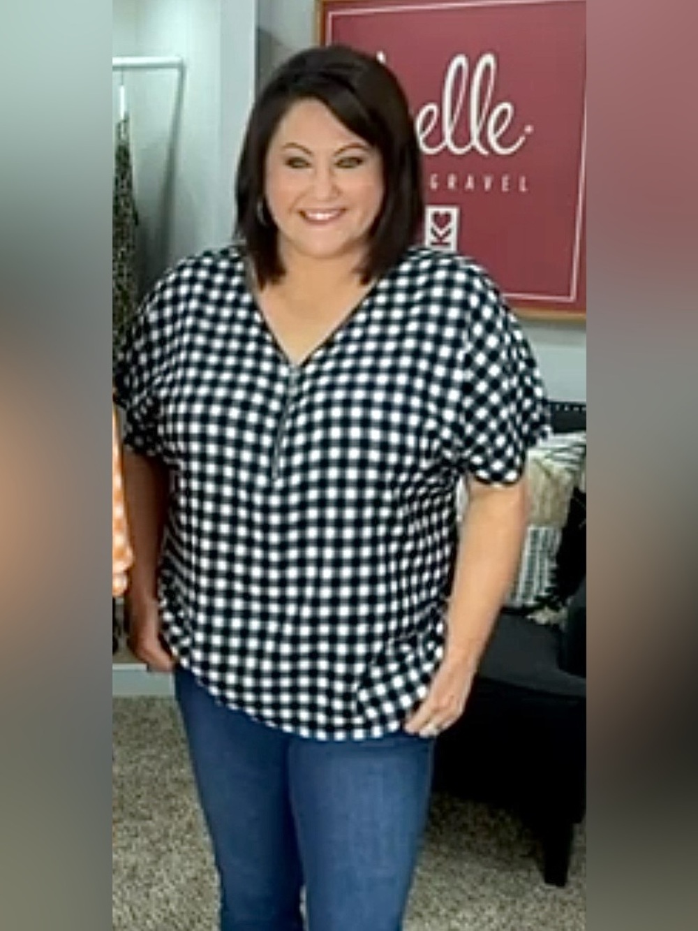 Belle By Kim Gravel Black & White Gingham Signature Zip-Front Woven Blouse! 1X. - Picture 1 of 14